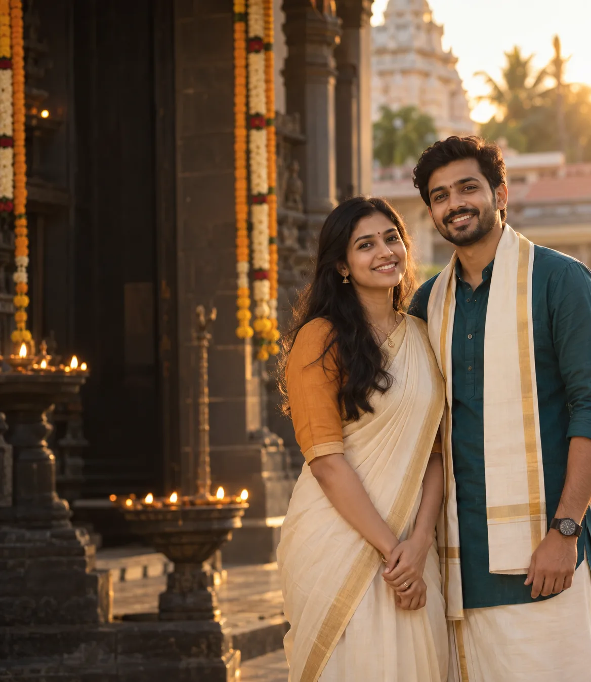 Illustrative devotee couple standing at a temple ceremony